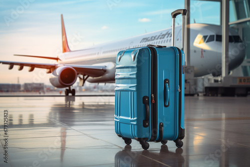 Blue suitcase at the airport with airplane in the background. Travel concept