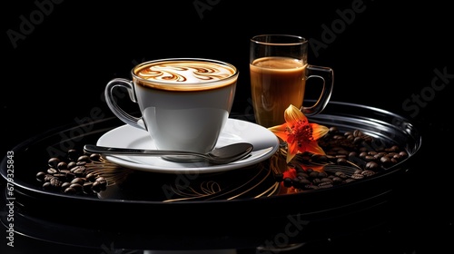 fresh aramatic morning coffee on a black background photo