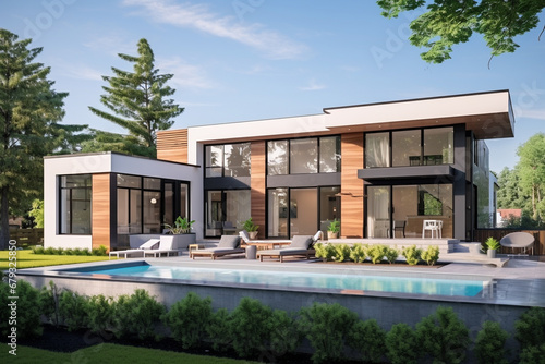 Modern house exterior with swimming pool and garden. 3d rendering © StockHaven