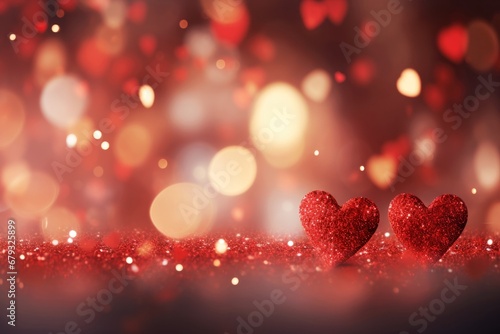 Frame background for Valentine's Day. Red confetti hearts on a blur background. Copy space.