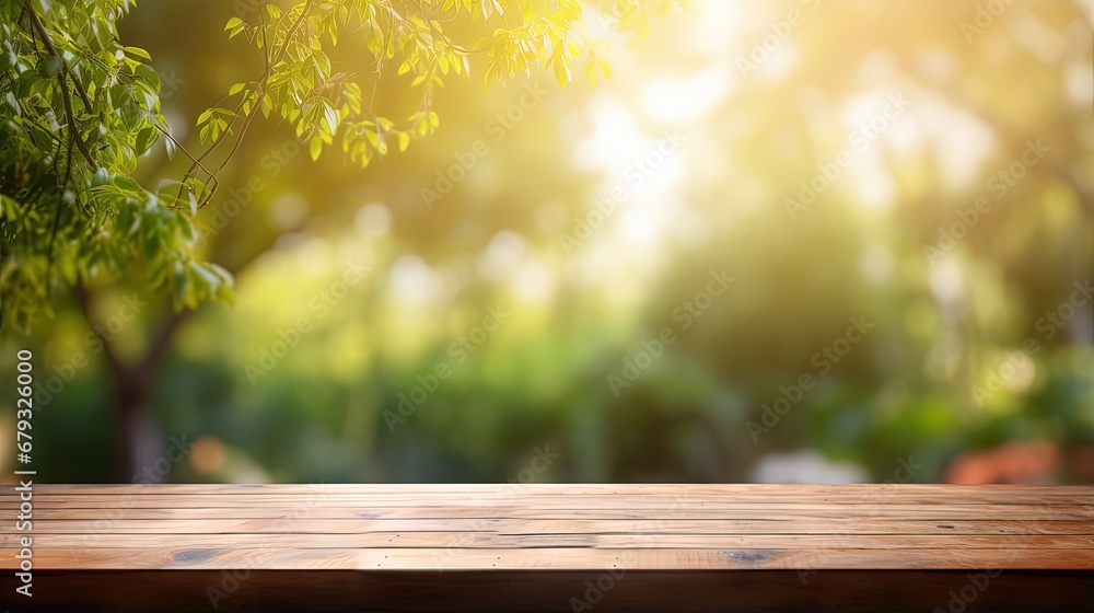 Empty wood table and defocused bokeh and blur background of garden trees with sunlight. product display template. Empty wood table and defocused bokeh and blur background of garden trees with sunlight. product display template.