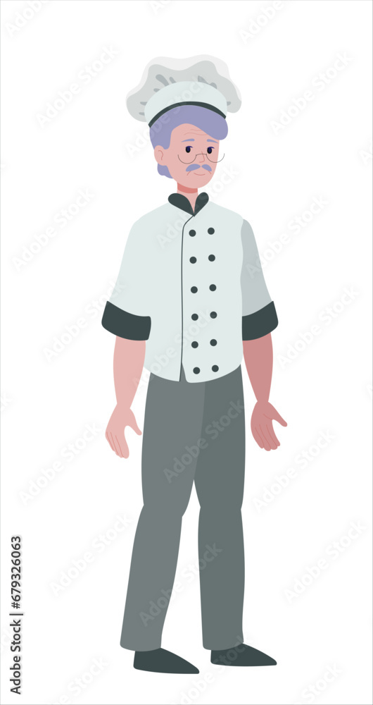 Mature cook man Young casual man on white background. He's confident and relaxed in himself. Flat graphic animation, vector illustration isolated on white background. food concept. Mature cook man Young casual man on white background. He's confident and relaxed in himself. Flat graphic animation, vector illustration isolated on white background. food concept.