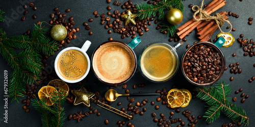 A set of different types of coffee drinks in cups: cappuccino, espresso latte. Top view, on a black background, free copy space. Hot coffee.