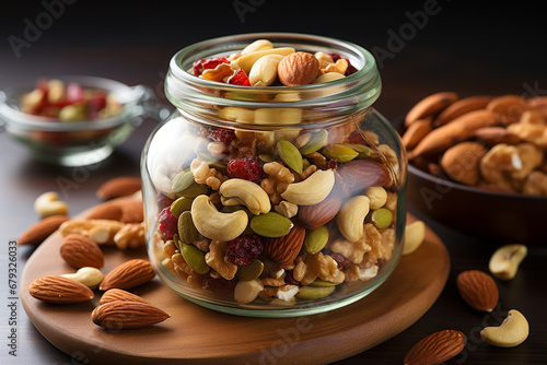 Mixed nuts in glass jar on wooden background. Healthy food concept.