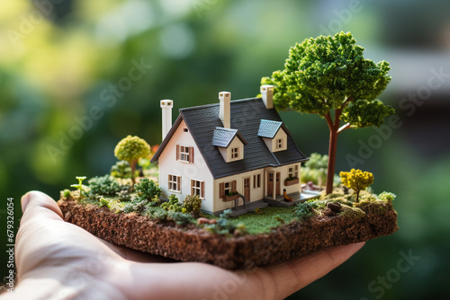 House model in hand on nature background. Real estate and property concept.
