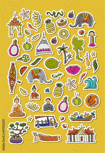 Travel to Thailand. Sticker pack with Siam elements, map, people and landmarks, thai food etc. Vector illustration
