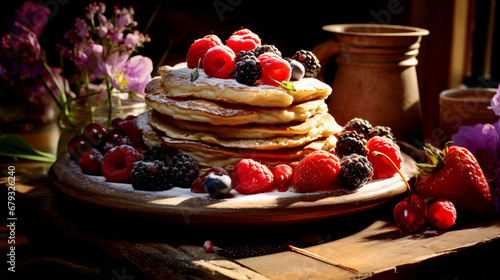 A stack of pancakes with fresh fruits on a black background