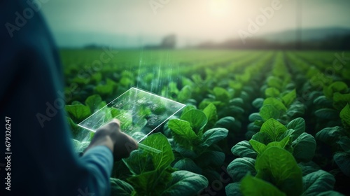 Agriculture work on cropping data analysis by tablet and flare light morning in tobacco farm field .technology for plantation data link with internet make a good plant organic product and non-toxic