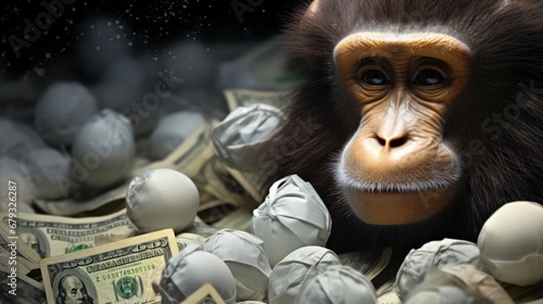COVID-19 affects stock market, 100 US dollar money bill with face mask. World economy hit by coronavirus outbreak. Concept of crash, pandemic, business, global recession, corona and monkey pox virus. photo