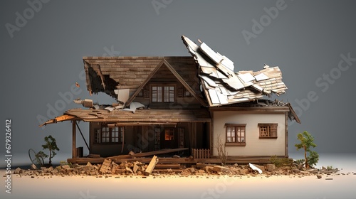 A wooden house with a crack. The concept of a damaged house, dilapidated housing. Home repair after disaster. Renovation, restoration of the old building. Property insurance. Damage. Weather element. photo