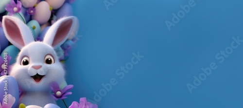 Easter bunny with eggs on a blue background. concept of a happy Easter. Banner