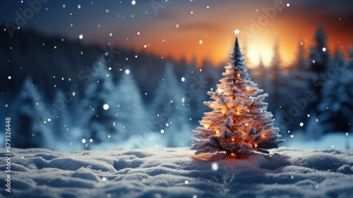 Christmas and New Year's background with decorated Christmas tree against background of evening winter forest, bokeh. © ireneromanova