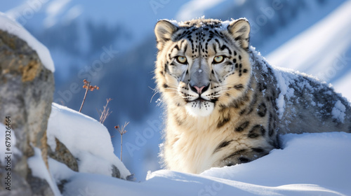 snow leopard in its natural snowy mountain habitat