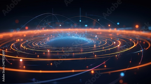 Wireless systems  globalization  big data. Data analytics  blockchain technology. 3D illustration of circular paths. Orbital motion abstract background