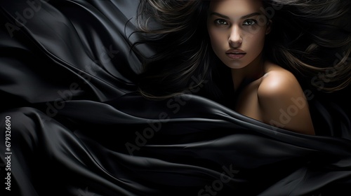 Model posing in a midnight black silk, with mysterious allure, cascading in smooth waves. 
