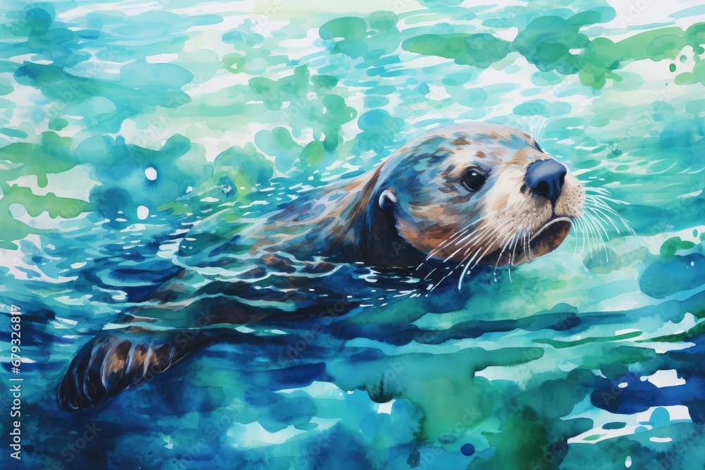 Fototapeta premium A playful otter floating on its back, with a watercolor background featuring shades of blue and green to create the illusion of water
