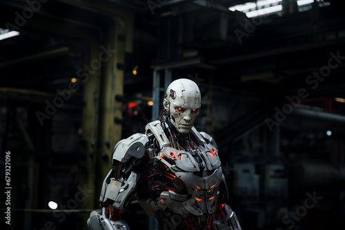 Humanoid cyborg robot closeup urban portrait, Industry, smart factory, future of AI in industrial engineering © ivlianna