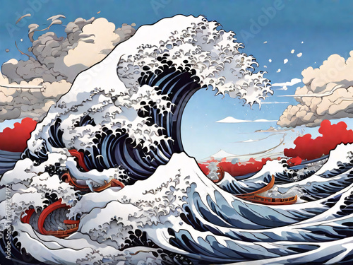 Japan swirl wave ocean painting illustration. tsunami drawing, Japanese asia and oriental traditional line art design. photo