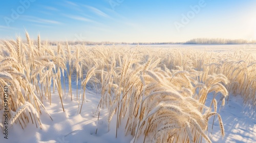 beauty of snow-covered fields adorned with rows of golden winter wheat on a crisp February day. photo