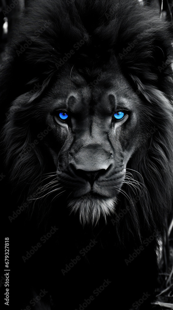 black and white portrait of a lion with blue eyes