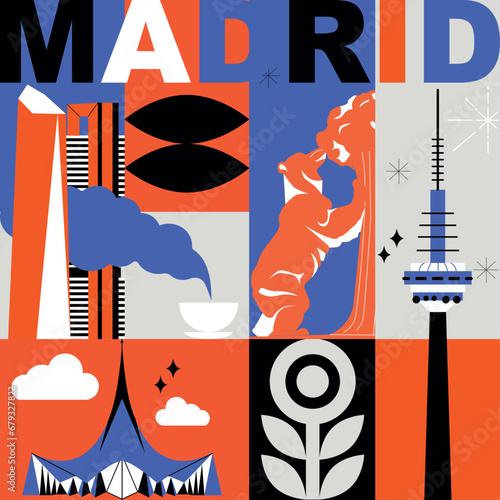 Madrid culture travel set, famous architectures and specialties in flat design. Business travel and tourism concept clipart. Image for presentation, banner, website, advert, flyer, roadmap, icons