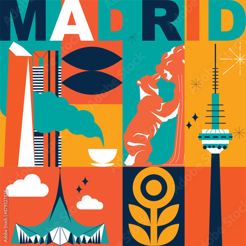 Madrid culture travel set, famous architectures and specialties in flat design. Business travel and tourism concept clipart. Image for presentation, banner, website, advert, flyer, roadmap, icons