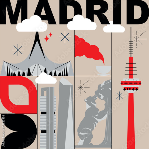 Madrid culture travel set, famous architectures and specialties in flat design. Business travel and tourism concept clipart. Image for presentation, banner, website, advert, flyer, roadmap, icons