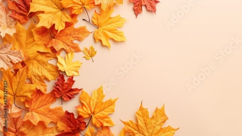 Autumn leaves on orange background  flat lay. Space for text