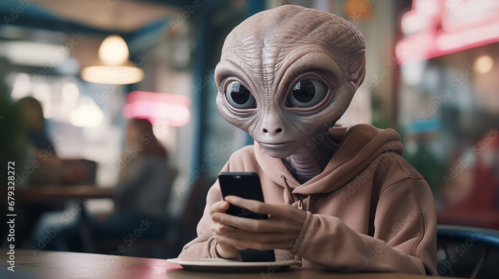 An alien is looking at a cell phone An alien is looking at a cell phone