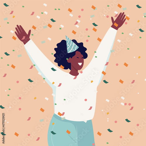 Vector flat illustration, young African woman having fun with confetti. Birthday party concept. 