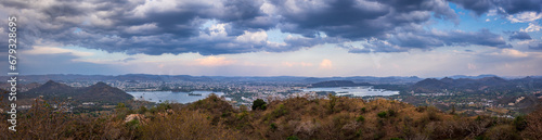Panoramic aerial view of Udaipur city also known as city of lakes from Monsoon palace at Sajjangarh, Rajasthan. It is the historic capital of the kingdom of Mewar.