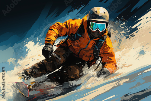 A snowboarder is participates on a snowboard and goes downhill slopes and perform tricks in pop art style