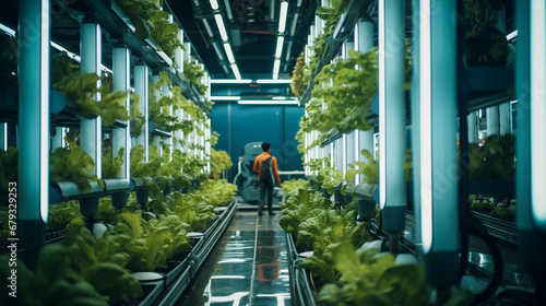 A couple of people walking down a hallway filled with plants