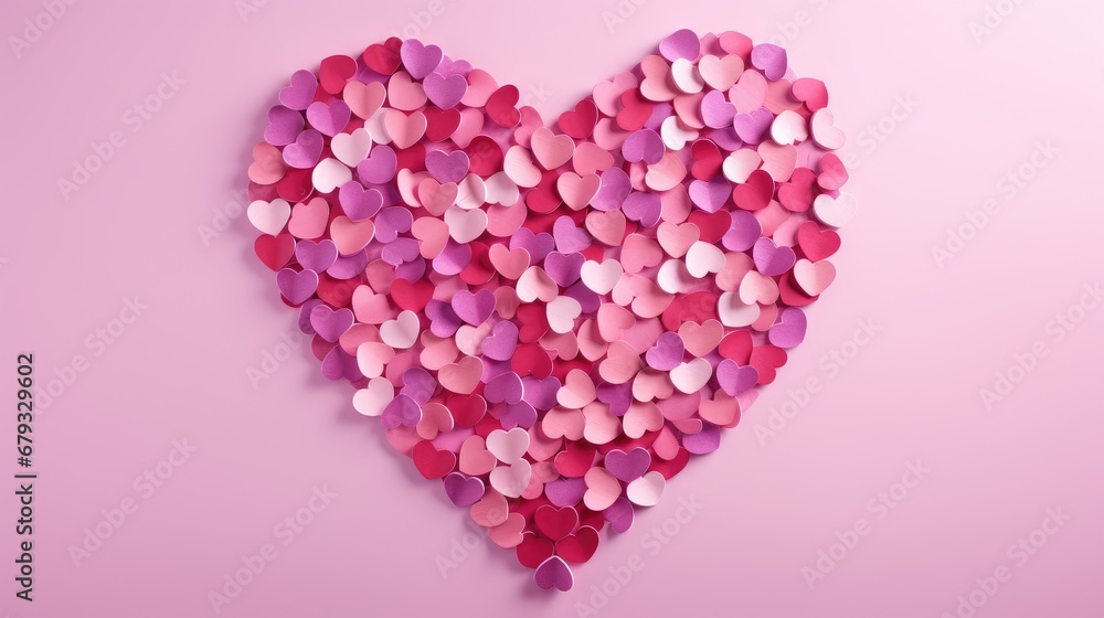 artistic celebration of love with a heart made of red hearts on a pink canvas. artistic celebration of love with a heart made of red hearts on a pink canvas.