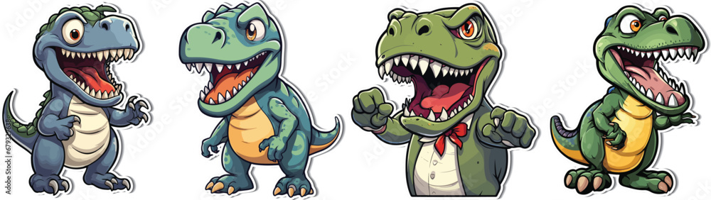 Obraz premium Cute Cartoon T-Rex Sticker - Jurassic Dino Clipart. Unleash the prehistoric charm with our adorable T-Rex cartoon sticker. High-quality vector illustration perfect for crafts and projects.