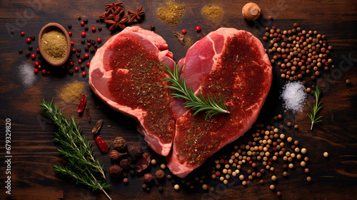 A piece of raw meat in the shape of a heart. Generative AI,