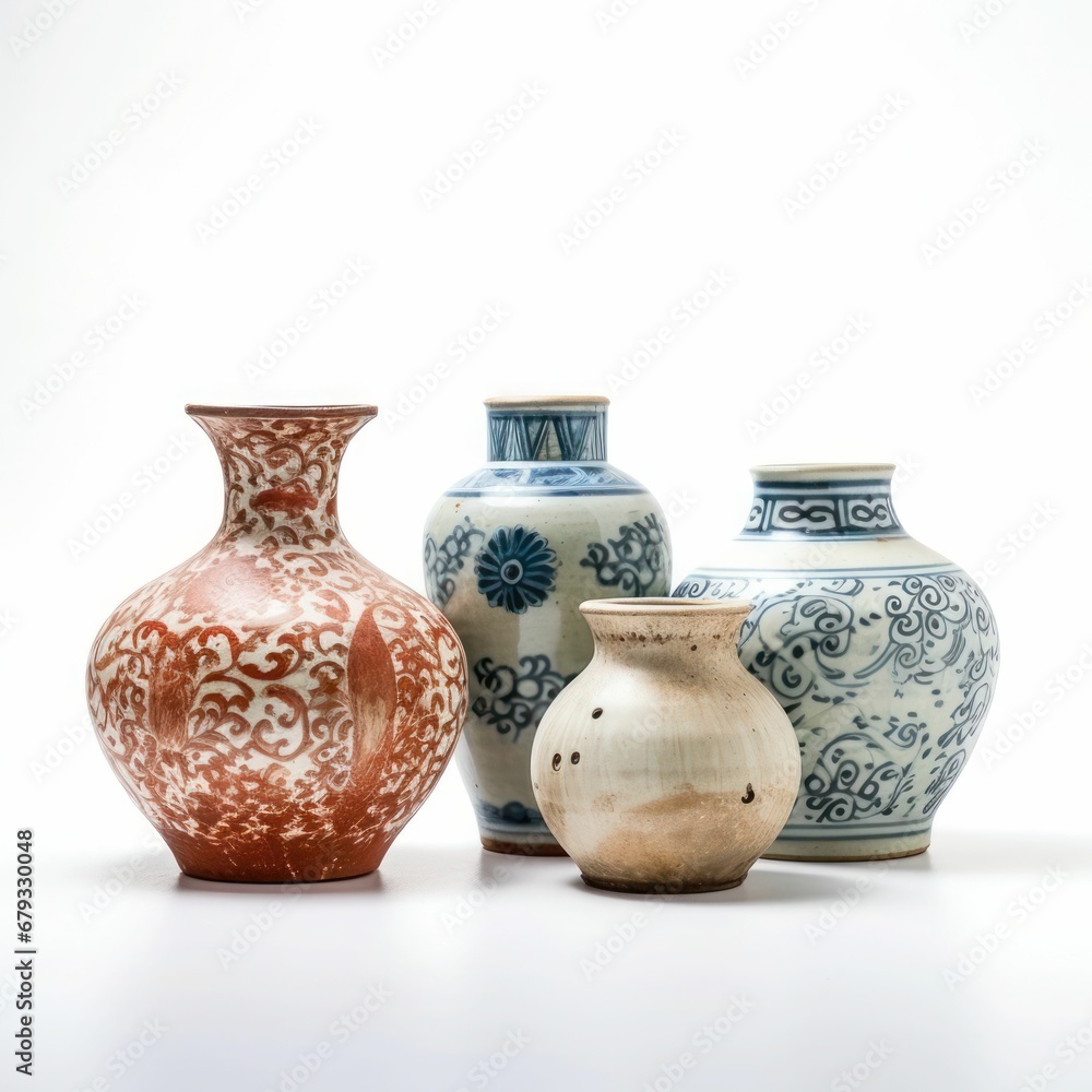 Set of vases, blue and white design, porcelain craftsmanship, bird and floral patterns, oriental art, still life, isolated on white background Traditional Chinese porcelain, blue and white pottery Set of vases, blue and white design, porcelain craftsmanship, bird and floral patterns, oriental art, still life, isolated on white background Traditional Chinese porcelain, blue and white pottery