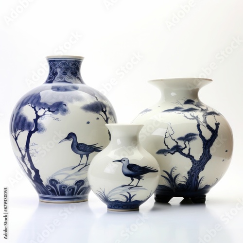 Set of vases, blue and white design, porcelain craftsmanship, bird and floral patterns, oriental art, still life, isolated on white background Traditional Chinese porcelain, blue and white pottery