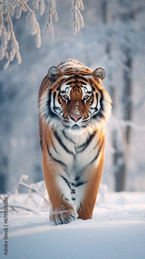 Obraz premium Tiger against the backdrop of a winter landscape.