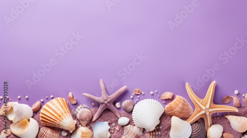 seashells  stones and starfish on a lavender background with space for text.