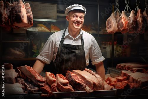 smiling worker at meat store selling