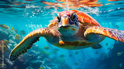 Turtle swims in the water. Generative AI,