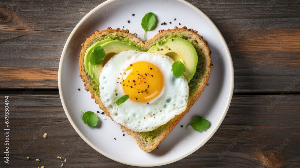 Craft a love-filled breakfast: Heart-shaped egg in toast on a ceramic plate. Best image secures stocks in a leading Valentine's culinary brand!