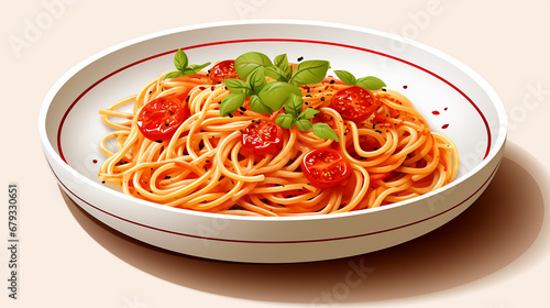 Spaghetti with tomato sauce and basil in a plate isolated on white background 