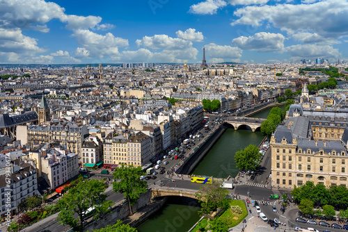 Skyline of Paris with Eiffel Tower and Seine river in Paris, France. Cityscape of Paris. Architecture and landmarks of Paris.