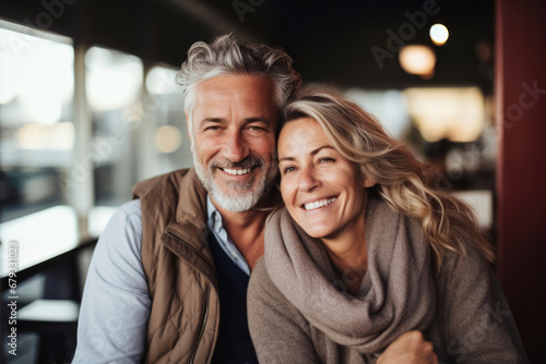 Mature charming couple in a coffee shop having an amorous date. Smiling positive faces. Blond woman and white haired man. 