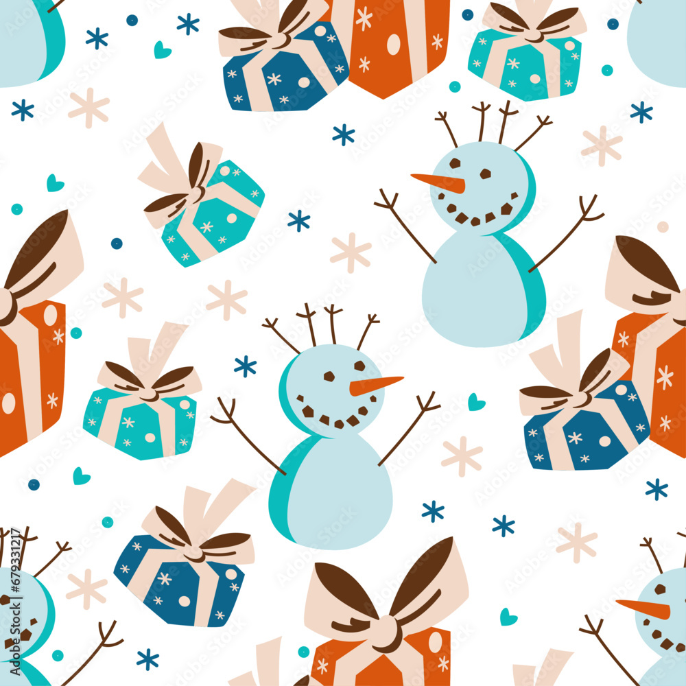 pattern with snowflakes, gift boxes, snowmans vector pattern with snowflakes, gift boxes, snowmans vector