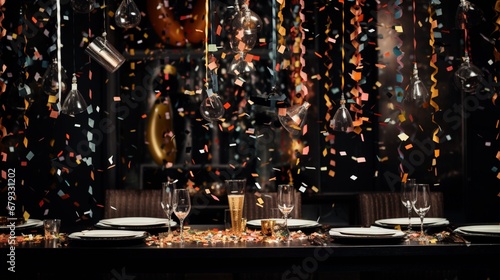 Confetti flying above a table adorned with New Year decorations.