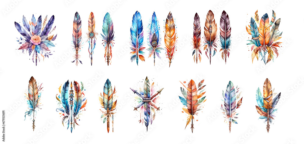Boho arrow feather watercolor retro  elements isolated - obrazy, fototapety, plakaty 