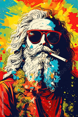 Santa Claus smoking a cannabis joint. Christmas concept art. Illustrated poster design. Ai Generative